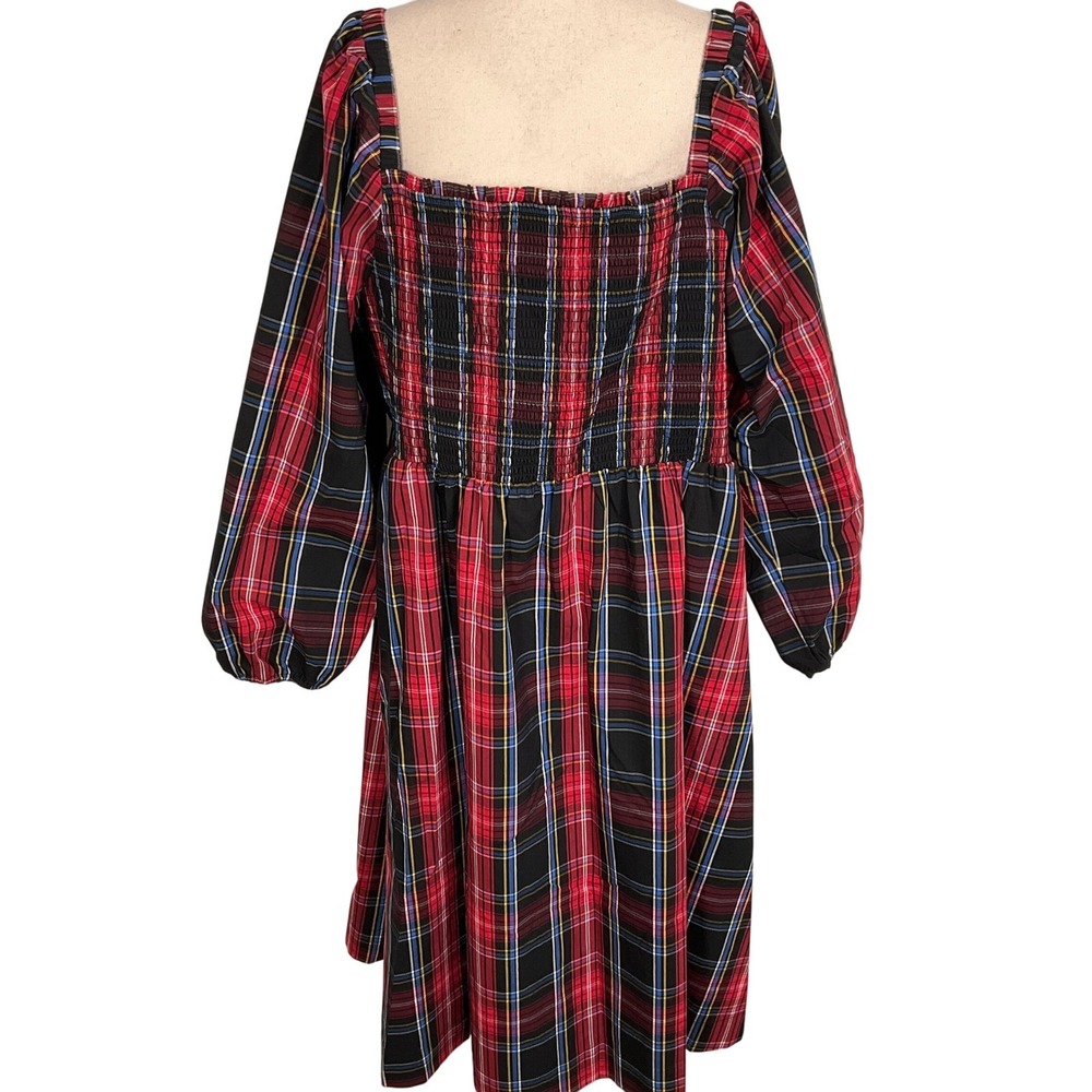 Draper James RSVP Dress Women 2X Red Black Plaid Square Neck Smocked Bodice Midi